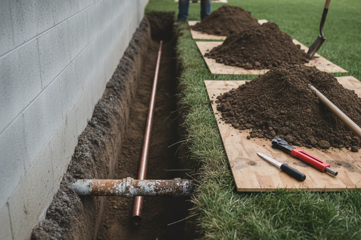 Excavated water line trench during Sewer Line Repair in Delavan